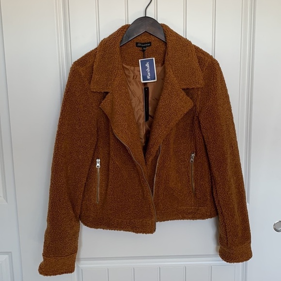 NWT Faux Shearling Moto Teddy Jacket Large Cognac Cropped Sherpa Lined Cozy - Picture 9 of 13